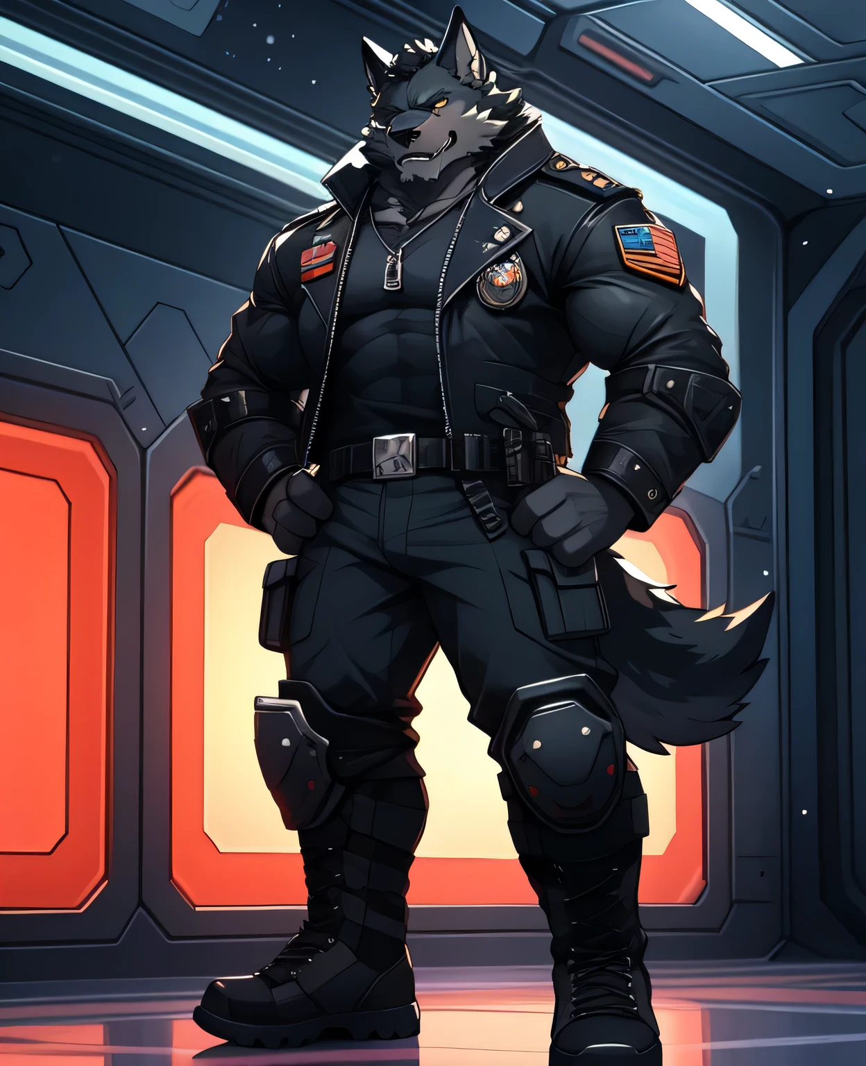 Best quality,Wolf Orc,Black fur,(Red pupil:1.2),(Strong body,Muscular:1.3),soldier,Handsome,Solitary,Standing,Bad laughter,(confident:1.2),(Hands on hips:1.2)(Black leather jacket:1.2),(Black T-shirt:1.2),Dark grey military pants,(Knee pads on the knees:1.2),Black combat boots,(In space station 1.2)。