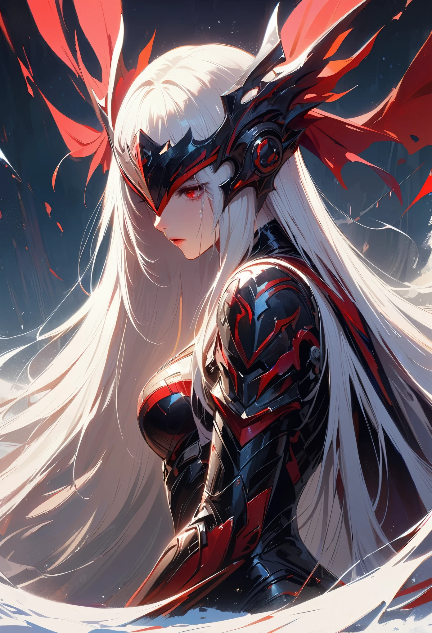 Black，Chiaroscuro, Ray Tracing, light, Cowboy shooting, 8K, Yes, Super Detail, precise, best quality, The award-winning, The award-winning, A high resolution, masterpiece, High Detail，guweiz on artstation pixiv, Hot topics on artstation pixiv, 详细的number概念艺术, author：Yang Jie, 2. 5D CGI anime fantasy artwork，Ultra HD，8K ，Realistic skin texture，Chiaroscuro, Ray Tracing, light, 8K, Yes, Super Detail, precise, best quality, The award-winning, The award-winning, A high resolution, masterpiece, High Detail，in the snow，Clear，masterpiece， best quality， 8K， number， 1 girl， Solitary， stand up， Hair accessories， Red Eyes， Heartless expression， Blood-stained mechanical parts， electric wire， cable， Failure Effect， scary， Science fiction， Futuristic， The background is darker， Neon， cyberpunk characters， Surrealism， Strange， Disturbing， spine-chilling， scary， Western Metal，Red Eyes，发Black，Black色長手套，One-piece Pants，leggings，Highlight her graceful figure,将整个身体包裹stand up，Symbiote，（（Sexy highlighted）），One-piece Pants，Red Eyes，Venom，发Black，Black色長手套，One-piece Pants，Black色一件，Blood red eyes，best quality, high resolution, Super detailed, Vivid texture, mask, Bangs，wear socks，tears，被Black色粘液覆盖