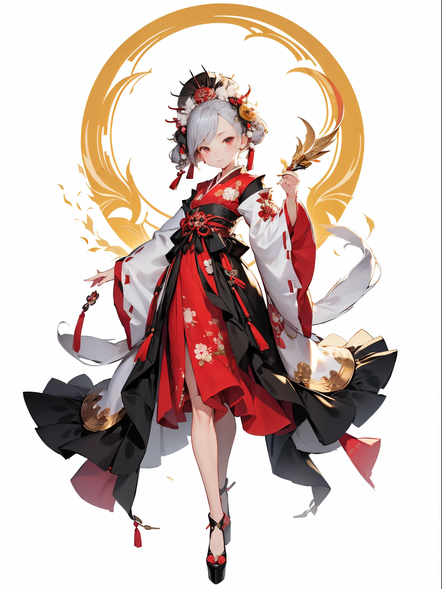 (masterpiece:1.2),best quality,White background,Red-crowned Crane,(1. :1.5,Full body standing,Looking at the audience),Feather headdress, Red-crowned Crane wings, Common,Japanese style clothing,long skirt,Close-up of face,Big and beautiful eyes,Detailed face,Gorgeous clothes,Wide_sleeve,sash,flower,Ethereal Panda,Dreamy,Onmyoji Detailed Art,A beautiful artistic illustration,Beautiful digital artwork,shoe,shoe类, Zephyr Element, Gorgeous clothes, Traditional oriental art style, Beautiful style, Floating World, masterpiece, Top quantity, Best quality, Ultra-high resolution