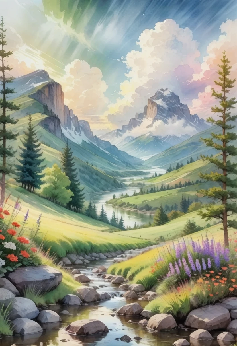 Watercolor Landscape, a scenic watercolor landscape, lush green hills and mountains, flowing river with rocks, colorful wildflowers, sunlit sky with fluffy clouds, peaceful countryside scene, soft blended colors, impressionist style, natural lighting, vibrant hues, dynamic composition, serene atmosphere, beautiful vista, (best quality,4k,8k,highres,masterpiece:1.2),ultra-detailed,(realistic,photorealistic,photo-realistic:1.37), traditional media,watercolor \(medium\),pencil \(medium\),paper \(medium\),painting \(medium\),