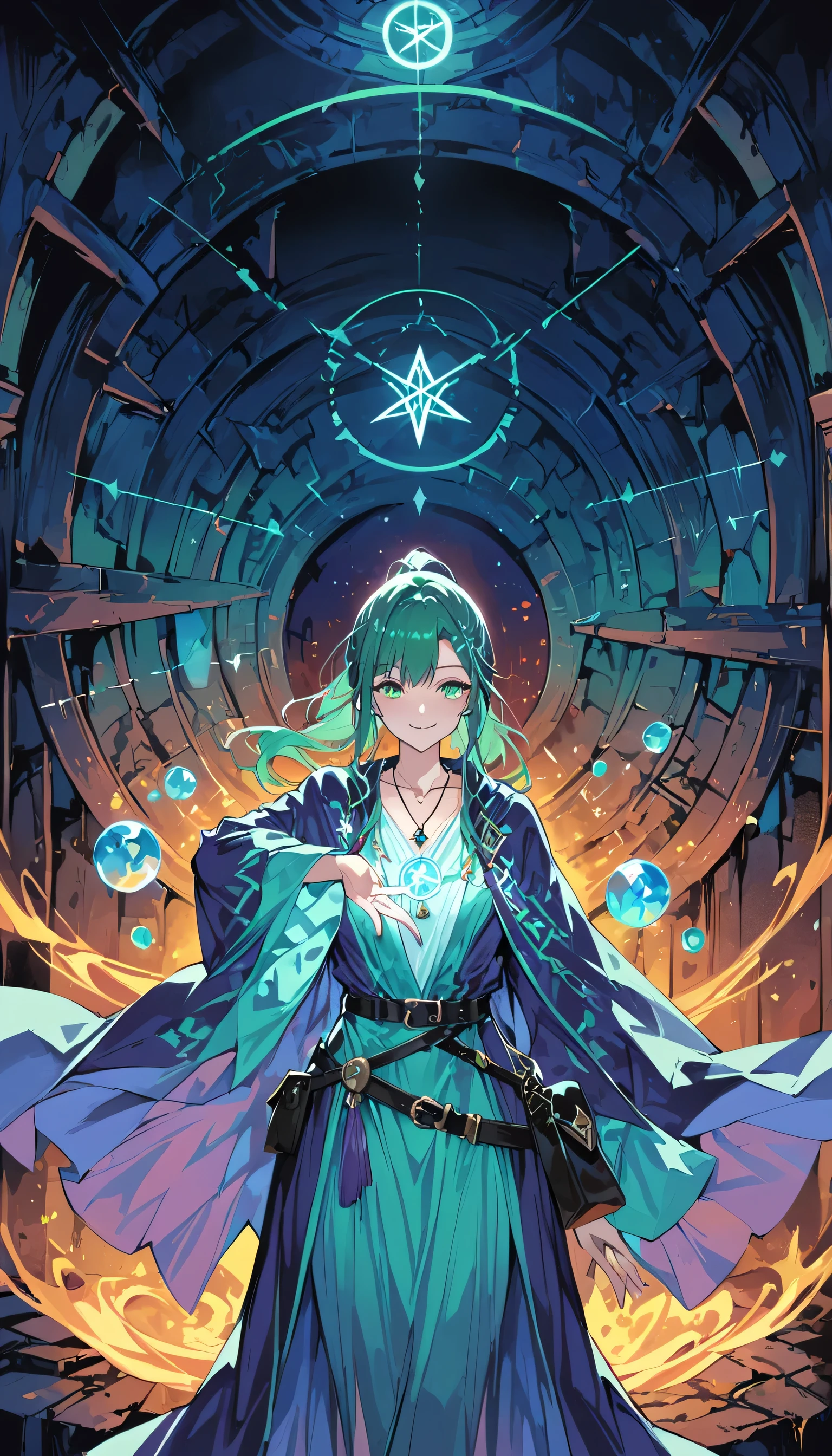 Colorful portrait illustration, (attractive female as a Wizard, ponytail, wear_length_Flowing_green_Complicated_Embroidered_Wizard_Robe), (necklace, Pouch, belt, smile, Very detailed face, masterpiece, highest quality), Very detailed, (In the dungeons), magician_Grams, (A large, glowing circle of runes), Fire and Ice, Casting a Spell, Ultra-high resolution, Alexandre Karame、Alyssa Monks、Shigeru Ban