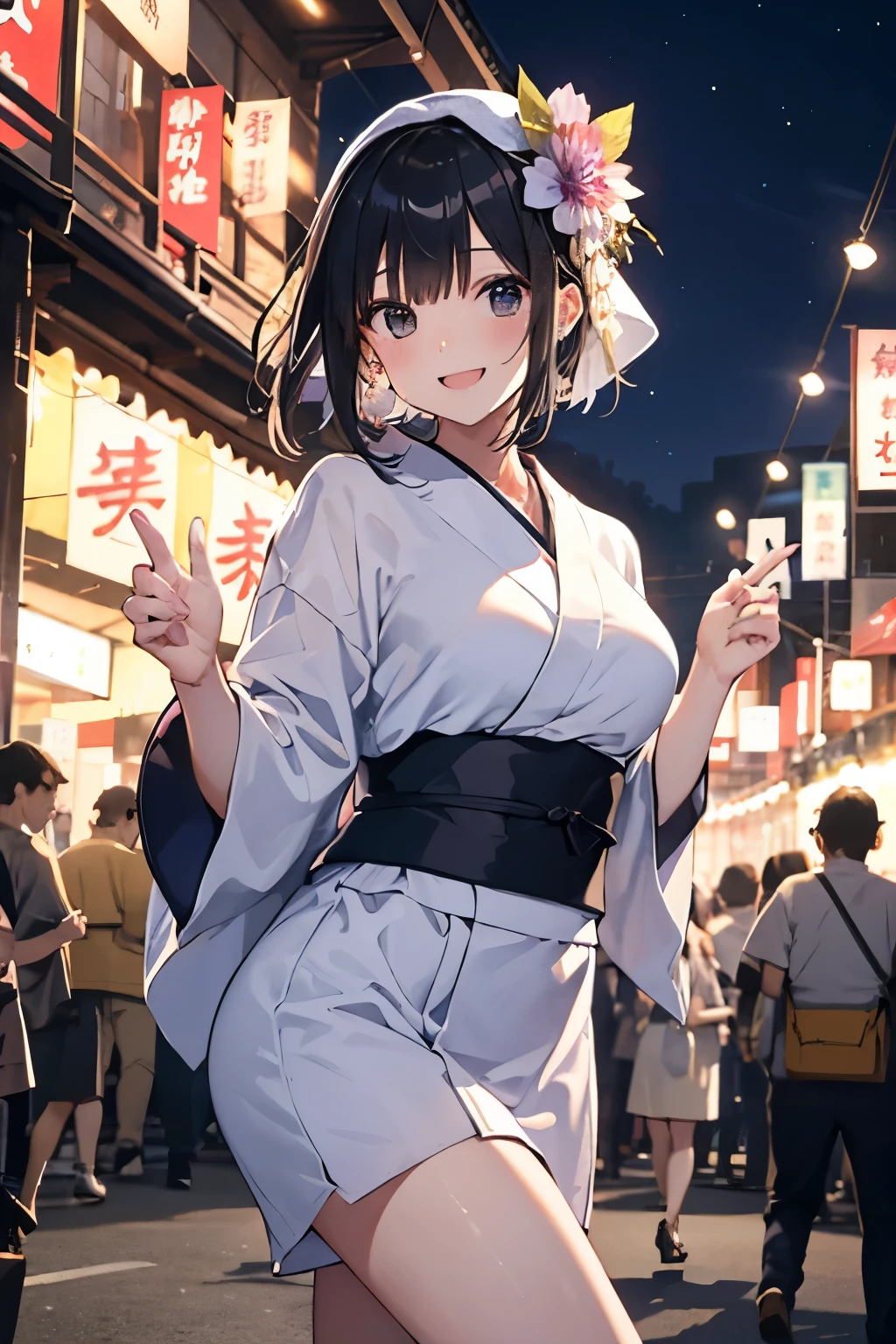NSFW,(One girl:1.5),natsuiro matsuri,One Side Ponytail,yukata,kimono,(Perfect hands),(Perfect Anatomy),(masterpiece),(highest quality),Sexually aroused face,blush,Shrine at night,Festivals,stall