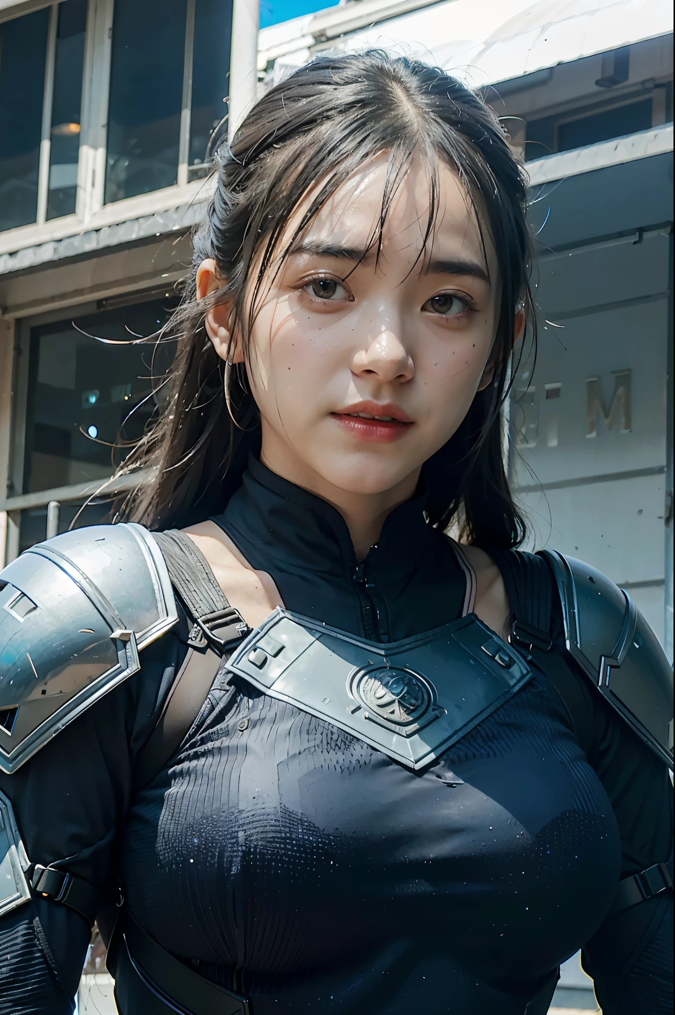 detailed photo of a futuristic beautiful female   chinese warrior in a dystopian city, tattered outfit with rusty metal armor plates, long wild hair, tattooed arms and body, fashion pose, blue eyes with round iris, detailed face, apocalyptic environment, natural body pose, professional photographer, filmed with a professional SLR camera, professional fantasy artists, professional rococo and baroque background artists, professional artstation artists
