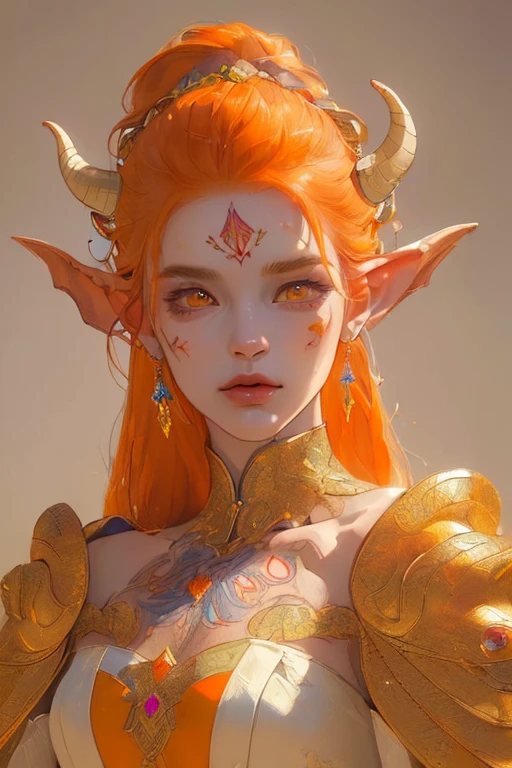 (((masterpiece))), (((highest quality: 1.4))), ((Super detailed: 1.4)) , An extremely detailed gouache painting of a tiefling woman, Gorgeous exotic features, Bright amber eyes:1.5,  Orange Hair, Highly detailed facial features, Expressive Face, Detailed Texture, White skin, Tattoo, Natural Skin Shader, Volumetric, Warm shades beneath her skin, Ultra-high resolution