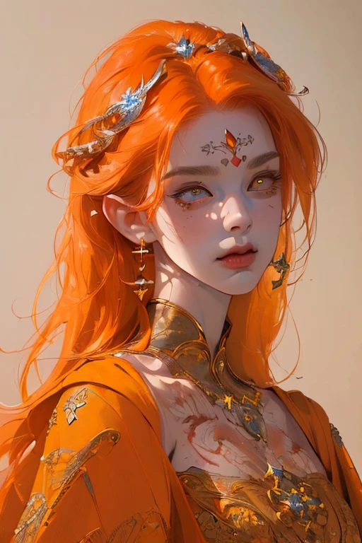 (((masterpiece))), (((highest quality: 1.4))), ((Super detailed: 1.4)) , An extremely detailed gouache painting of a tiefling woman, Gorgeous exotic features, Bright amber eyes:1.5, Orange Hair, Highly detailed facial features, Expressive Face, Detailed Texture, White skin, Tattoo, Natural Skin Shader, Volumetric, Warm shades beneath her skin, Ultra-high resolution