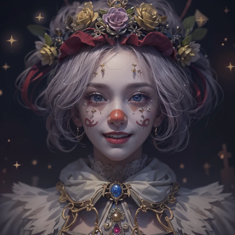 Standing in the grave、Hair flow、 ((highest quality、masterpiece、8k、Best image quality、Ultra-high resolution、Award-winning works)、(Accurate anatomy:1.1)、(Look at me and smile:1.1)、Shining fair skin with Ultra-high resolution、The most detailed face、Ultra-high resolution detailed face、Ultra-high resolutionの髪の毛、(Ultra-high resolution eye:1.1)、Beautiful face drawn in every detail、Cheerful clown costume, Chest to chest, Strange atmosphere, Ghosts flow, Dark Light, At the Cemetery