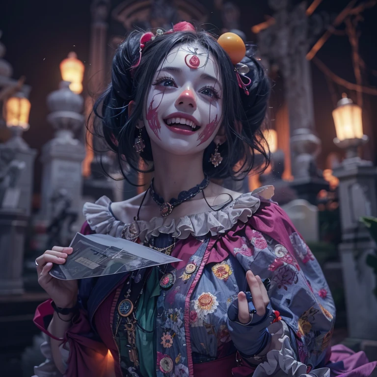 Standing in the grave、Hair flow、 ((Highest quality、masterpiece、8K、Best image quality、Ultra-high resolution、Award-winning works)、(Accurate ???????:1.1)、(Look at me and smile:1.1)、Shining fair skin with Ultra-high resolution、The most detailed face、Ultra-high resolution detailed face、Ultra-high resolutionの髪の毛、(Ultra-high resolution eye:1.1)、Beautiful face drawn in every detail、Cheerful clown costume, Chest to chest, Strange atmosphere, Ghosts flow, Dark Light, At the Cemetery, Heavy makeup