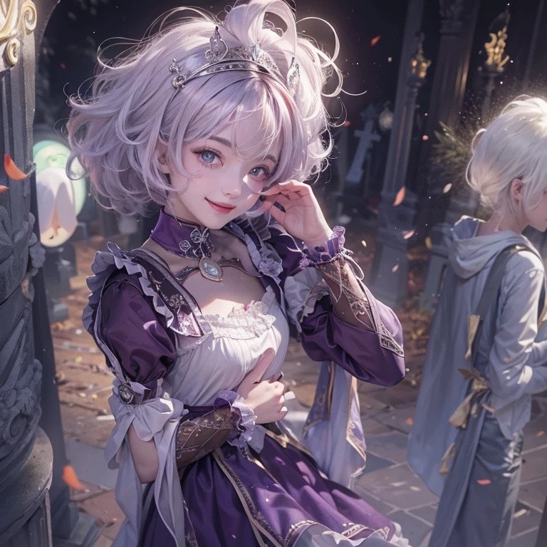 Standing in the grave、Hair flow、 ((highest quality、masterpiece、8k、Best image quality、Ultra-high resolution、Award-winning works)、(Accurate anatomy:1.1)、(Look at me and smile:1.1)、Shining fair skin with Ultra-high resolution、The most detailed face、Ultra-high resolution detailed face、Ultra-high resolutionの髪の毛、(Ultra-high resolution eye:1.1)、Beautiful face drawn in every detail、Cheerful clown costume, Chest to chest, Strange atmosphere, Ghosts flow, Dark Light, At the Cemetery