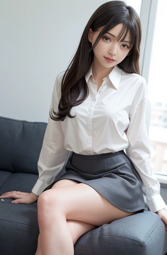 a lot of details, (slender waist), 30 years old, detailed black hair, beautiful detailed hair, super fucking beautiful, complex details beautiful and delicate eyes, perfect hands, (small breasts best quality), perfect and delicate limbs, detailed skin, best quality, ultra-detailed,
background, cheerful, laughing, sitting, looking down, (cream business suit), (gray skirt), (white underwear:1.2), in the office, with a sofa, cowboy shot, from front, low angle shot, sunlight