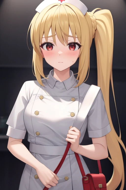 (masterpiece, highest quality:1.2), Blonde girl with red eyes,
 Side Ponytail, Full Bang,nurse cosplay,holding a bag
,Embarrassed, at home, 
Super detaileded, highest quality, Expressive eyes, Perfect Face, super high quality, Super detailed