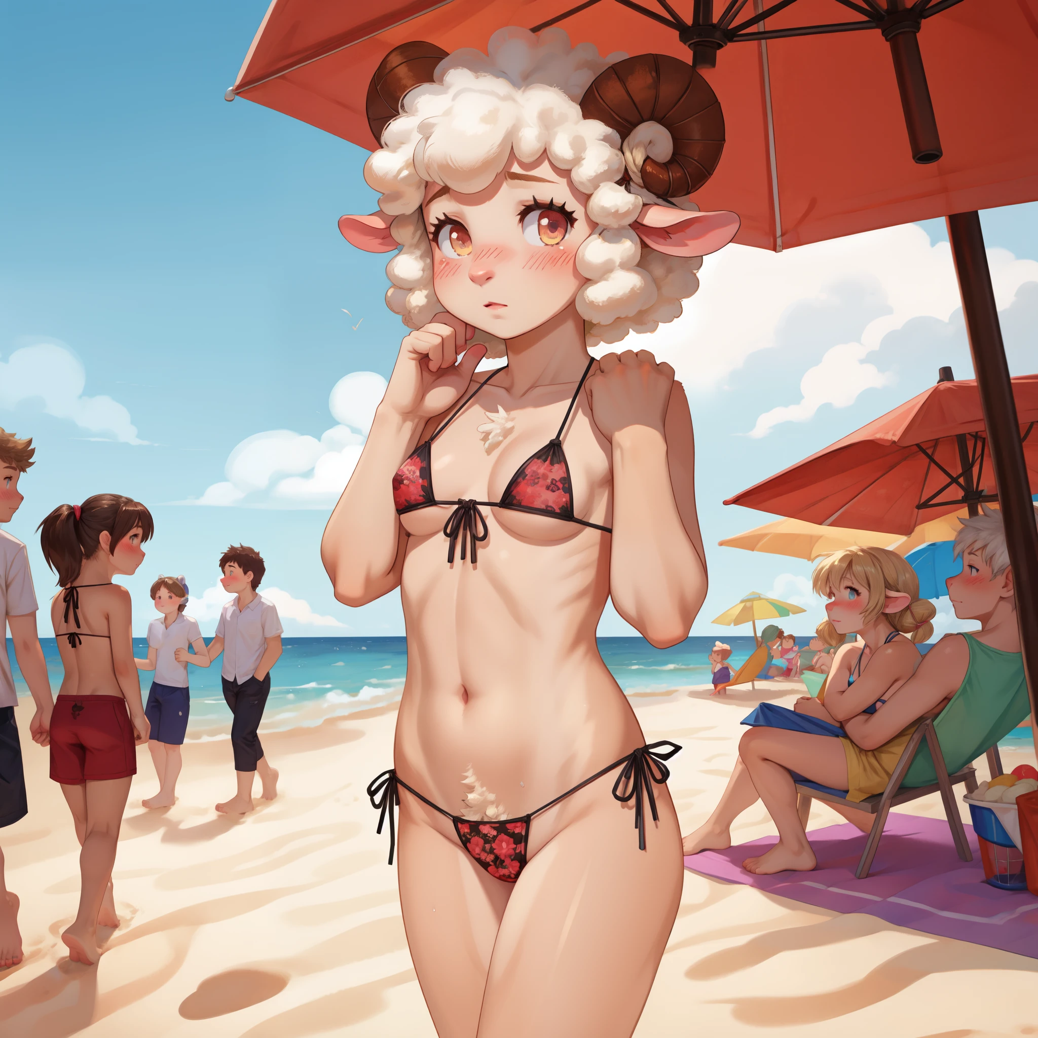 Young female, sheep, string only micro bikini, lying on the sand, beach, sunset, smiling, blush