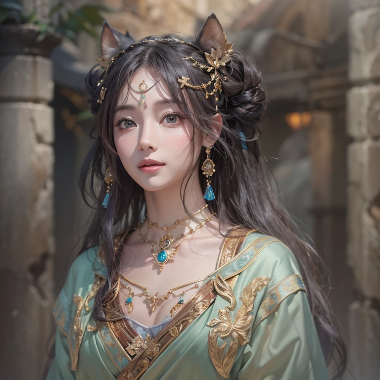 Hiding in the tomb、Hair flow、 ((highest quality、masterpiece、8k、Best image quality、Ultra-high resolution、Award-winning works)、(Accurate anatomy:1.1)、(Look at me and smile:1.1)、Shining fair skin with Ultra-high resolution、The most detailed face、Ultra-high resolution detailed face、Ultra-high resolutionの髪の毛、(Ultra-high resolutionの煌めく瞳:1.1)、Beautiful face drawn in every detail、Ancient Greek Clothing, Chest to chest, tattoo, Old ruins in the background、Ghosts around her