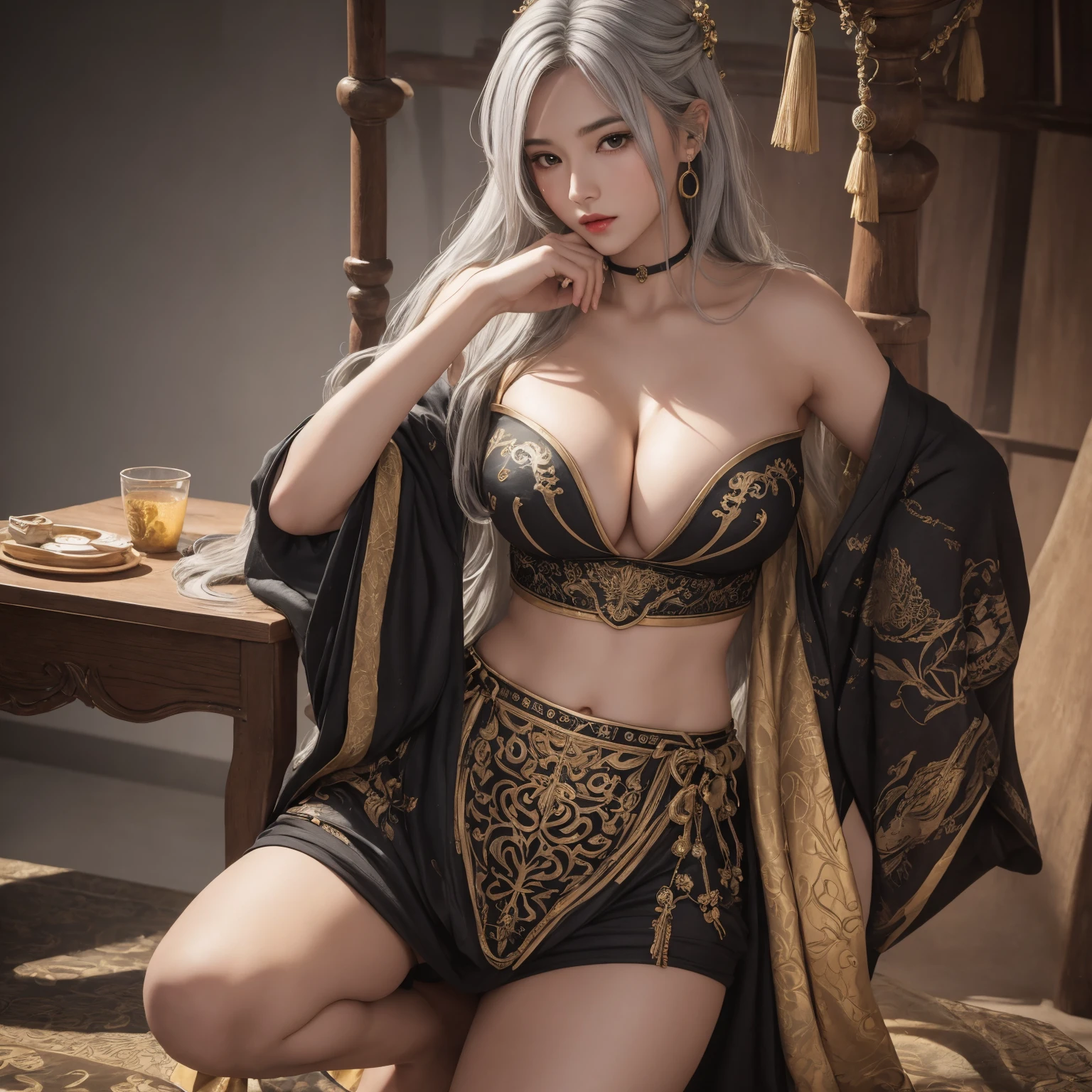 realistic, high resolution, 1 woman, mature woman, alone, Tattoo, gray hair, long hair, assembly, red lips, queen dress, Image from head to toe, only standing, standing full body image, realistic, high resolution, 오직 1 woman, 오직 alone, look at the viewer, (detailed face), gray hair, silver hair, long hair, feet up, beautiful eyes, Huge big breasts that are about to explode, golden armor, BLACK & GOLD gi, transparent, pantyhose, bare shoulders, Dripping tops, Visible nipples, look at the viewer, Orientalism, My chest is very hollow, breasts fully exposed, glamour, K cup, Bewitching, Crotch that is barely visible, ancient japanese background, realistic hands, realistic feet and legs, live action, Banla, masterpiece, very pretty face, Exposed breasts, 2 hands with 5 fingers each, Two feet with five toes each, Yukdeok, Voluptuousness