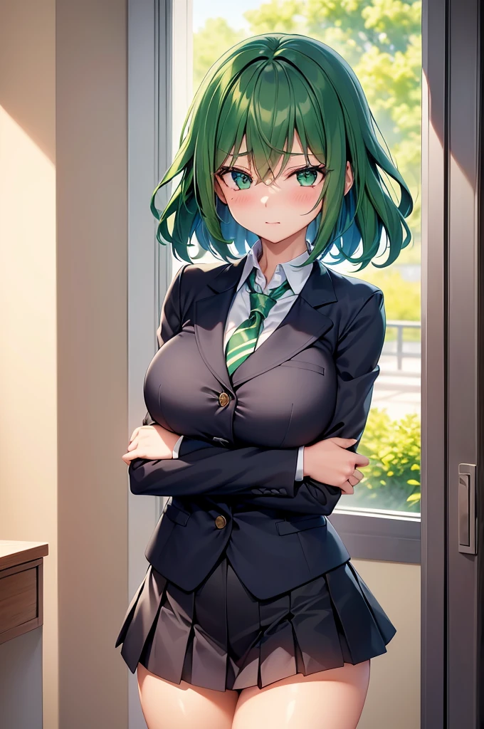 1 girl, Generate an image depicting Izuku Midoriya transformed into a female version. medium sized breast, breast 34d, cute, hot, Ensure that her beautiful green eyes and short green hair are prominently featured. Focus on her feminine body, emphasizing her great curves and overall physique. She should be wearing Izuku Midoriya's female UA High , which consists of a fitted grey blazer with green trim, tailored to perfection to hug her frame gracefully while allowing freedom of movement. Beneath the blazer, a pristine white blouse adds a touch of purity, with a crisp collar framing her face. Around her neck, a meticulously tied green and black striped necktie reflects her attention to detail and determination. The pleated green skirt falls just above the knee, swaying gently with each step, its vibrant hue mirroring the lush greenery of the hero academy grounds. Completing the ensemble are knee-high socks, snugly hugging her calves for warmth and support, paired with sleek black loafers offering both style and functionality. A green ribbon is woven into her hair, a splash of color amidst the darkness, with her hair styled in a short bob with soft waves. This image should capture Izuku Midoriya's feminine yet powerful presence, ready to take on any challenge as she trains to become the hero she is destined to be. Ensure the image is of high quality, preferably 8k resolution, with highly detailed and beautiful rendering.