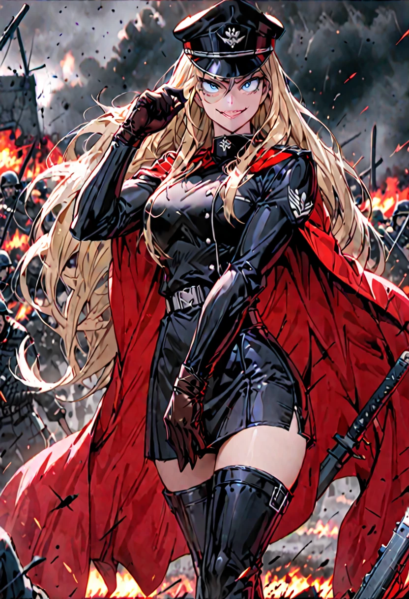 Solo, female, sfw, medium shot, very long hair, blonde hair, extremely tall woman, blue eyes, black military uniform, red cape, thigh boots, evil smile, battlefield, military hat, muscular, leather gloves, adjusting gloves