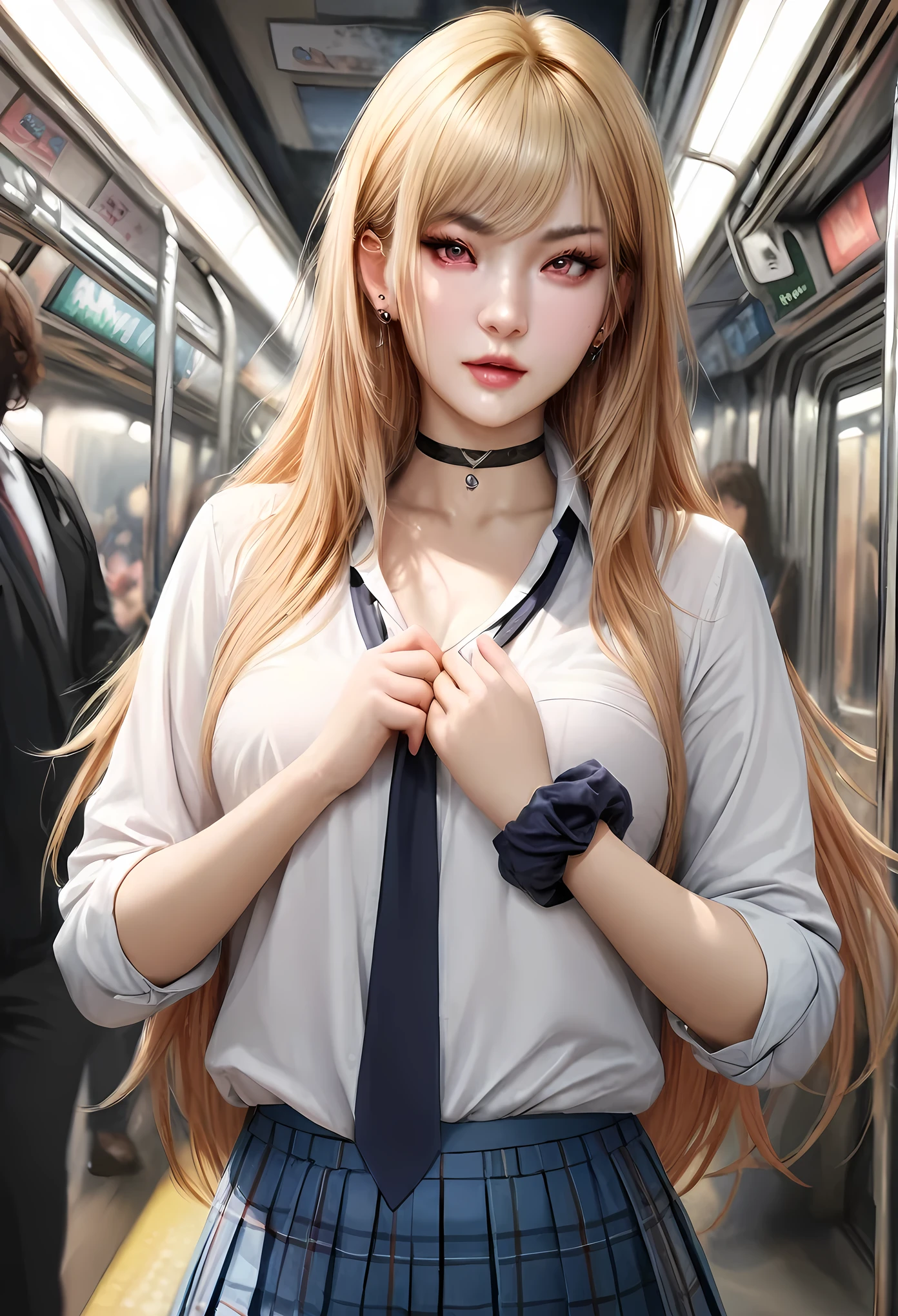 animetoreal,soft light, masterpiece, best quality,high quality,delicate face, realistic,photorealistic,1girl,,Marin Kitagawa, long hair, blonde hair, red eyes, piercing, earrings, ear piercing, stud earrings, black choker, loose necktie,  school uniform, white collared shirt, blue skirt, pleated skirt, plaid skirt, wrist scrunchie, long fingernails, pink nails, nail art,,in subway