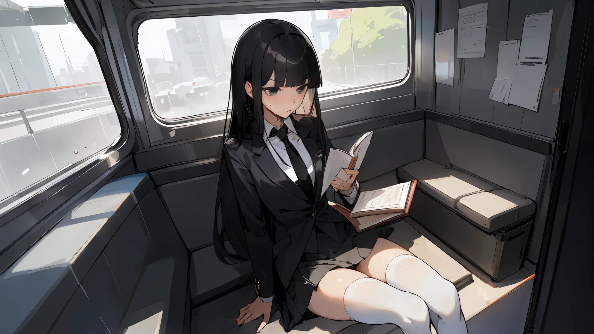 masterpiece,highest quality,1 female solo,Cowboy Shot,20 year old beauty、black hair,Long Hair,Blunt bangs,black eyes,Embarrassed look、Ideal body proportions,Slender body,Medium chest,Glowing Skin,Perfect Anatomy:1.2,Sitting,Sweat,Wet crotch,(black blazer jacket、White shirt、black tie、black tight skirt、mini skirt、thigh_gap, black_thighhighs),train、Inside the car、Sheet、congestion、Tokyo、Reading a book