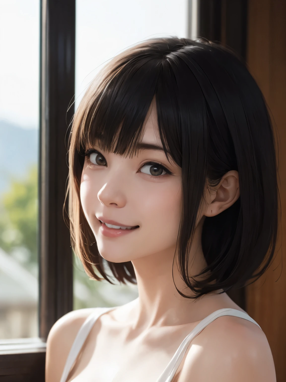 1 girl、highest quality、realistic、alone、written boundary depth、natural soft light、daytime、Charm、beautiful face、cleanliness、pure face、white skin、cute、short hair、bangs、beach、Light of the sun、Nedium Breast Body Esbian、((セーター黄金比のbeautiful face 対称性のあるbeautiful face))、long neck、please show me your ears、bangsのあるきれいな短いボブヘア、smile with your mouth closed、perfect hands指、perfect hands、perfect body、perfect face、shine a light on your eyes、perfect anatomy:1.4、とてもcuteスーパーモデル:1.4、{huge|big|hugeな|mega} chest, cleavage、Very happy smile:1.6、シンメトリーのbeautiful face