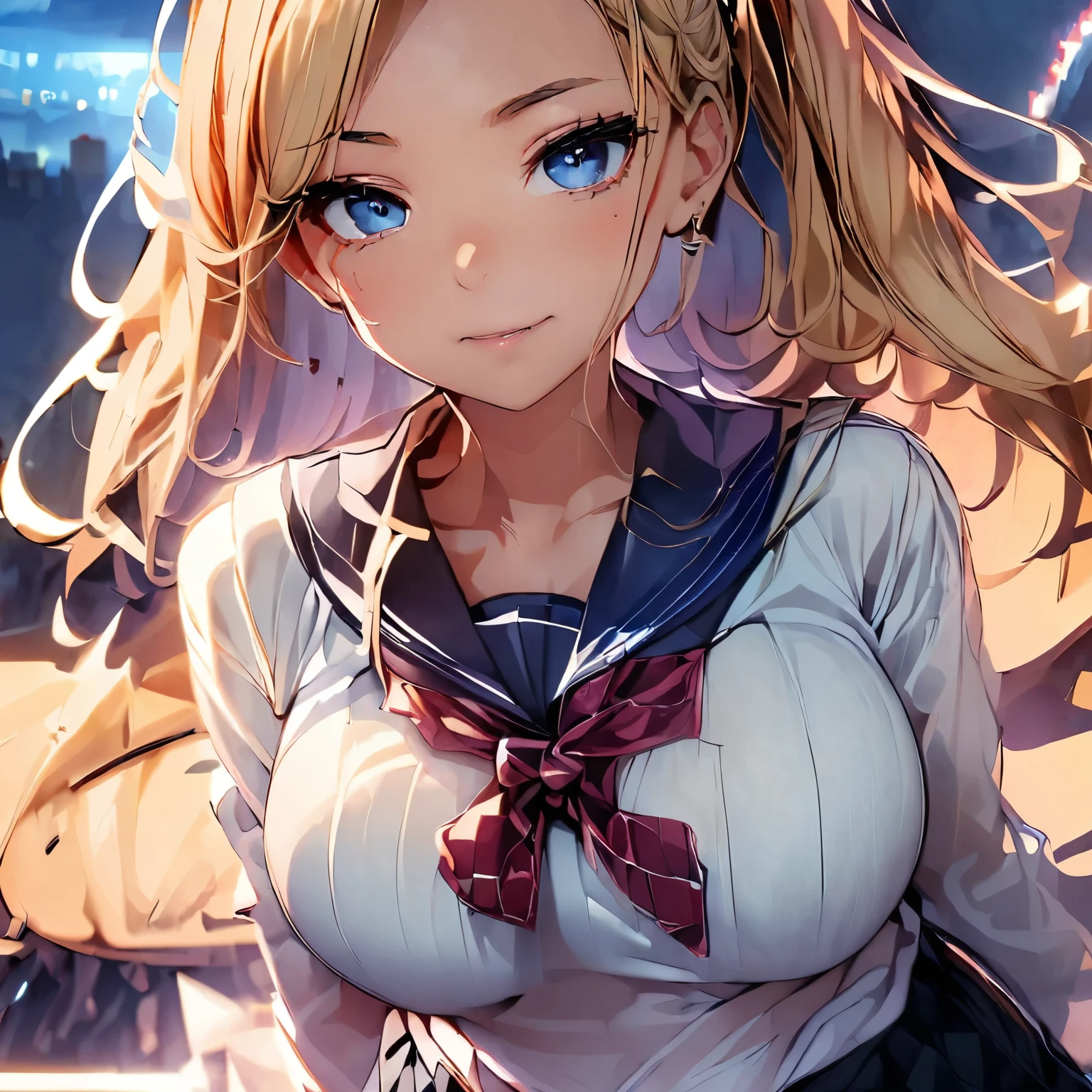 highest quality,wonderful,finely,extremely detailed CG Unity 8K wallpaper, (1 Girl,blonde, Yellow Eyes, Low Ponytail, Scrunchie, Earrings、Wicked Smile), (Grin:1.1), ((Brown Skin:1.2), (midium breasts:1.1),(sailor uniform:1.3), (bra lift:1.2), (zettai ryouiki:1.4)