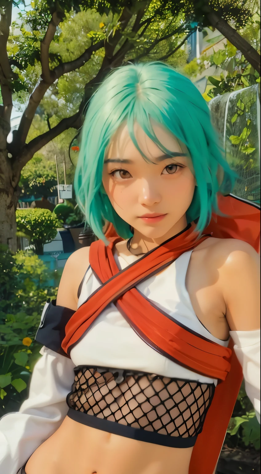 Real life adaption of this character, beauty brown skintone girl face with orange eyes, cool expression,realistic same hair,(realistic same outfit), realistic background, hyper realistic, realistic light, realistic shadow, realism,(photorealistic:1.2), looking to viewer