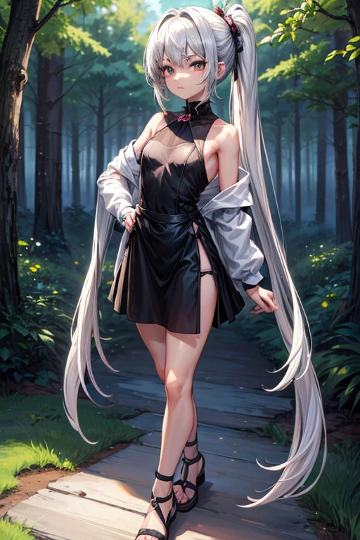 8K UHD, Digital SLR, Soft lighting, High quality, ((best quality)) ((best quality)), ((masterpiece)), (detailed), 4k image, anime style, androgynous facial looks, beautiful anime girl, arrogant and disdainful expression, chiseled and toned slender body, minimal breasts, small narrow waist protruding to tiny but shapely curves, opaque simple knee-length sundress covering the whole body, small sandals, forestry and meadow background, human individual, short height(150cm), silver-white hair tied into single short ponytail