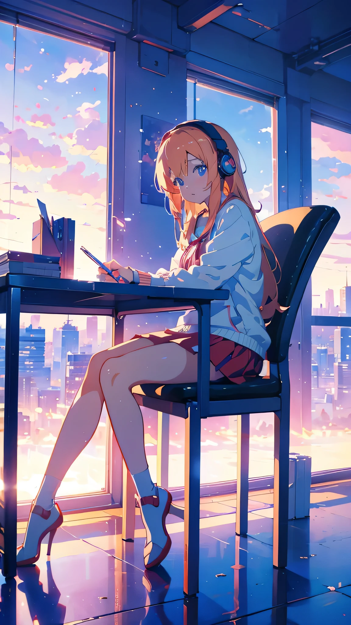 Anime girl sitting at a desk with headphones on and writing, Anime Style 4 k, Digital anime illustration, Digital anime art, Anime Style. 8k, Anime Moe Art Style, anime art wallpaper 4k, anime art wallpaper 4k, Anime Style illustration, Smooth anime CG art, detailed Digital anime art, Anime Art Wallpapers 8K, Realistic Anime 3D Style