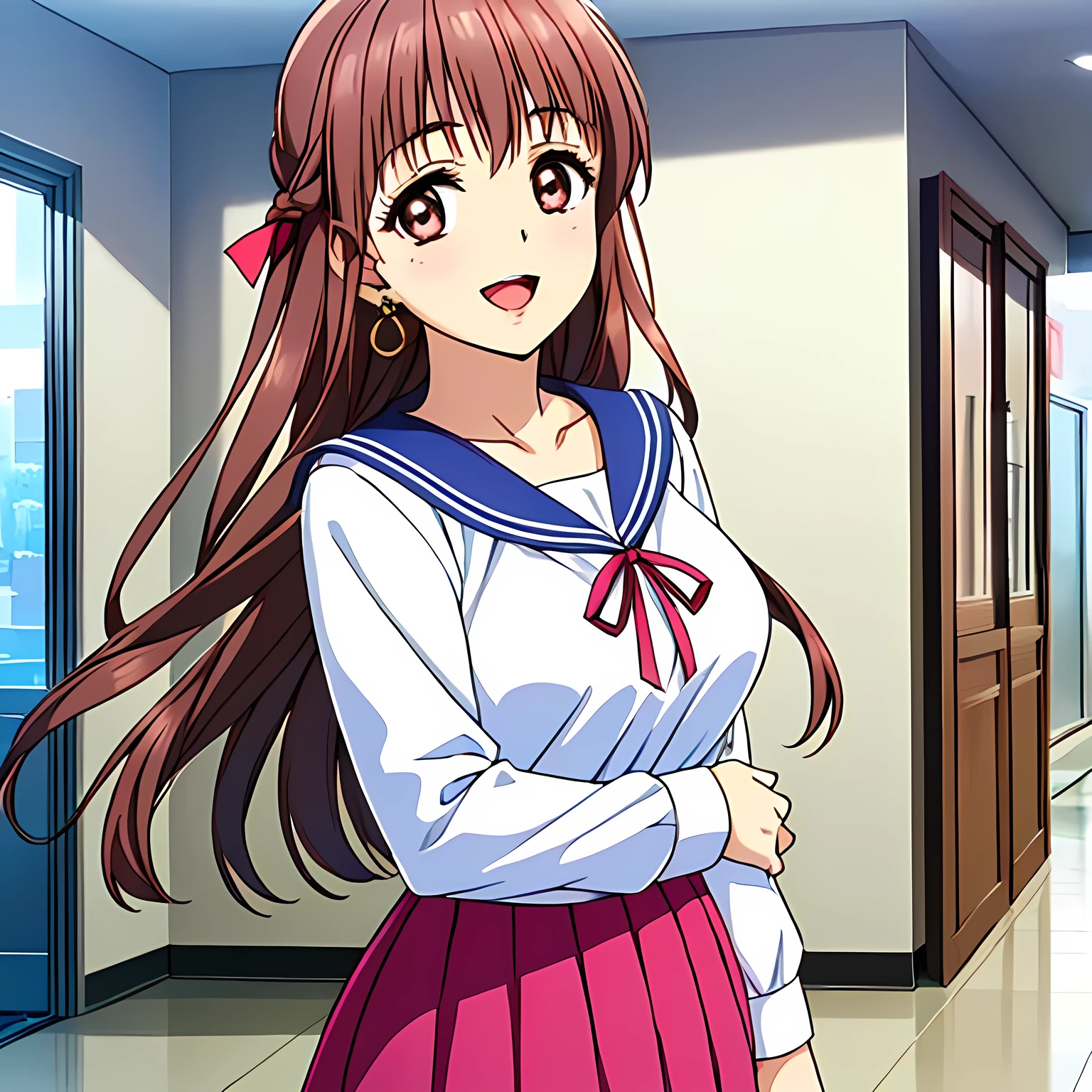 highest quality, (masterpiece:1.2), Very detailed, (((((Game CG))))), ((((A portrait of a very noble and elegant 20-year-old young lady wearing her school sailor uniform, seen from behind.)))), ((The girl everyone loves)), (((((Very beautiful, flaxen, wavy, long hair))))), ((((A neat and tidy sailor suit in peach and pink)))), ((((A neat, deep pink long pleated skirt)))), ((((She was smiling with her beautiful, shining eyes narrowed.)))), ((Very long eyelashes)), ((A huge red ribbon on her chest)), ((A refined and elegant look like a noble princess)), (((Beautiful and great smile))), ((Very good posture)), ((Give the viewer a heavenly feeling of happiness)), (((Blur the background))), ((Very noble and elegant face)), ((Slender and shapely breasts)), (((laughing at me with pity!))), In the background is the hallway of the Palace of Versailles, Heart-shaped gold hair ornament and earrings, ((The elegant, slightly open mouth and glossy lips of an anime heroine)), A strong wind is blowing