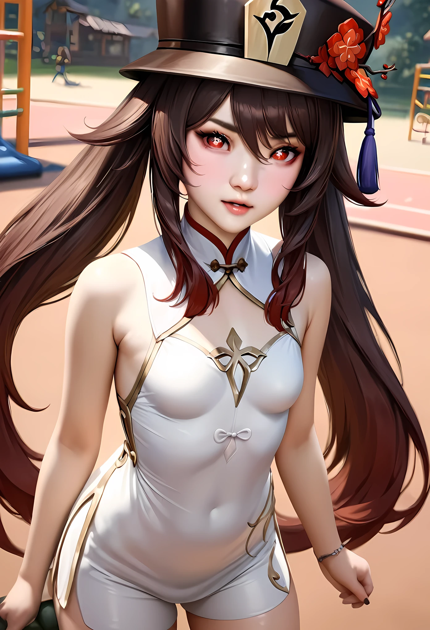 animetoreal,soft light, masterpiece, best quality,high quality,delicate face, realistic,photorealistic,1girl,,hu tao,hu_tao(genshin impact), long brown hair, red eyes, twin tails, small breasts, hat, Chinese clothing, white socks,,playground