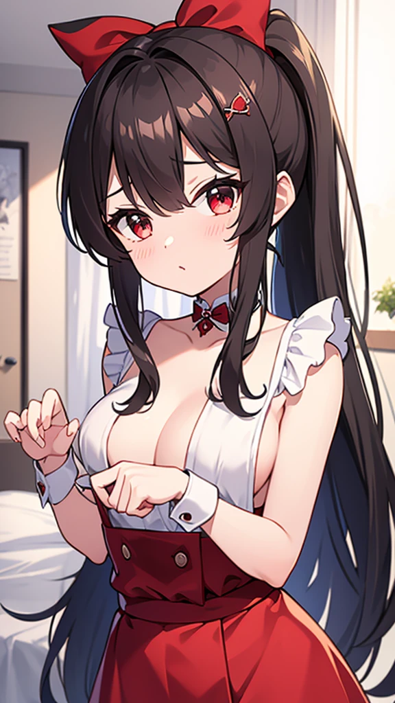 adulto, Cabello negro ondulado, mirada penetrante con ojos profundos de color rojo, estatura promedio, Silky hair with a ponytail hairstyle collected with a red bow with two white lines, tiene pechos grandes, primer plano, session, standing in the middle of his room [[[[Maid]]] , Sonrojada, muslos grandes, maid