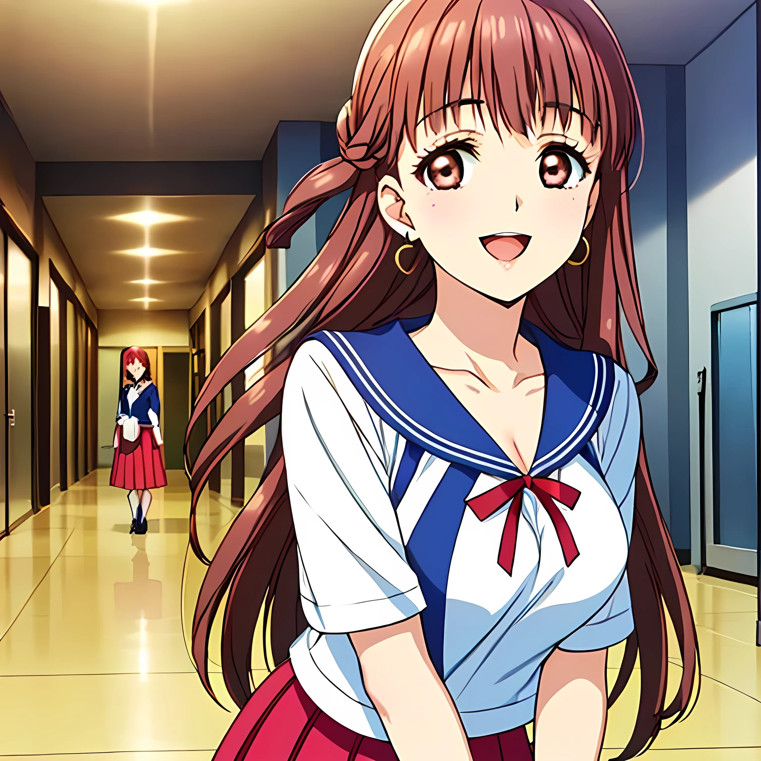 highest quality, (masterpiece:1.2), Very detailed, (((((Game CG))))), ((((A portrait of a very noble and elegant 20-year-old young lady wearing her school sailor uniform, seen from behind.)))), ((The girl everyone loves)), (((((Very beautiful, flaxen, wavy, long hair))))), ((((A neat and tidy sailor suit in peach and pink)))), ((((A neat, deep pink long pleated skirt)))), ((((She was smiling with her beautiful, shining eyes narrowed.)))), ((Very long eyelashes)), ((A huge red ribbon on her chest)), ((A refined and elegant look like a noble princess)), (((Beautiful and great smile))), ((Very good posture)), ((Give the viewer a heavenly feeling of happiness)), (((Blur the background))), ((Very noble and elegant face)), ((Slender and shapely breasts)), (((laughing at me with pity!))), In the background is the hallway of the Palace of Versailles, Heart-shaped gold hair ornament and earrings, ((The elegant, slightly open mouth and glossy lips of an anime heroine)), A strong wind is blowing