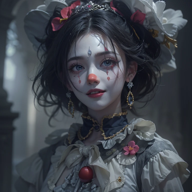 Standing in the grave、Hair flow、 ((highest quality、masterpiece、8k、Best image quality、Ultra-high resolution、Award-winning works)、(Accurate anatomy:1.1)、(Look at me and smile:1.1)、Shining fair skin with Ultra-high resolution、The most detailed face、Ultra-high resolution detailed face、Ultra-high resolutionの髪の毛、(Ultra-high resolution eye:1.1)、Beautiful face drawn in every detail、Cheerful clown costume, Chest to chest,  Strange atmosphere, Ghosts flow, Dark Light, At the Cemetery, Heavy makeup 