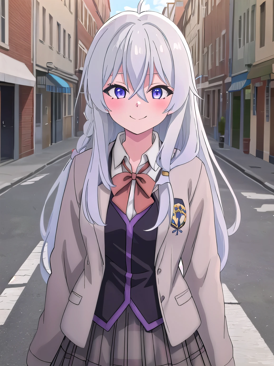 best quality, masterpiece, highres, solo, {elaina_majonotabitabi:1.10}, long_hair, bangs, hair_between_eyes, blue_eyes,  grey_hair, white_hair, braided_hair,  purple_eyes, 1girl, city, streets, smile, wearing , black blazer, white collared shirt, brown vest, red bowtie, briwn plaid skirt, anime_coloring, standing, outdoor 