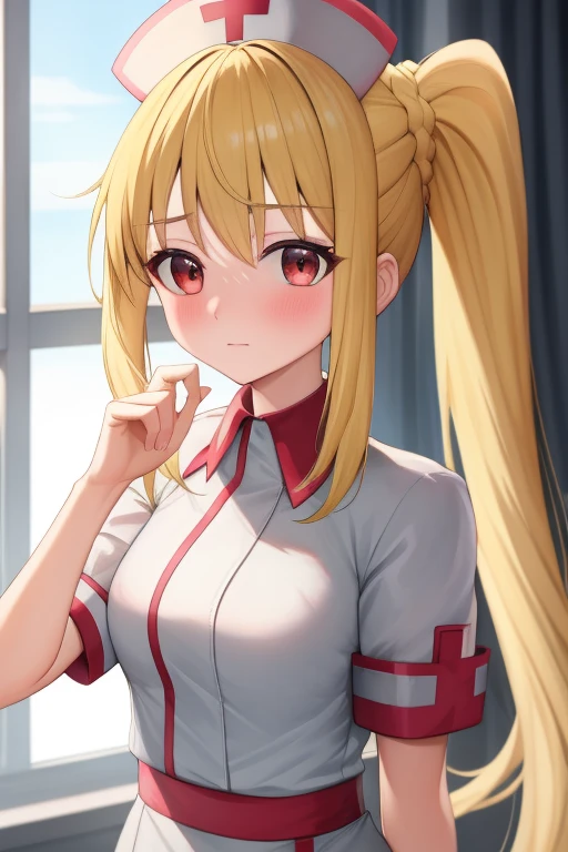 (masterpiece, highest quality:1.2), Blonde girl with red eyes,
Side Ponytail, Full Bang,nurse cosplay,holding a bag
,Embarrassed, Bedroom,
Super detaileded, highest quality, Expressive eyes, Perfect Face, super high quality, Super detailed