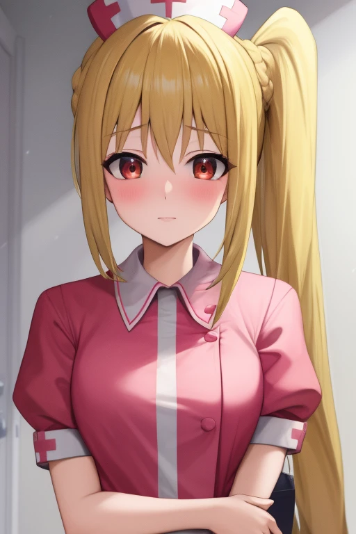 (masterpiece, highest quality:1.2), Blonde girl with red eyes,
 Side Ponytail, Full Bang,nurse cosplay,holding a bag
,Embarrassed, Bedroom, 
Super detaileded, highest quality, Expressive eyes, Perfect Face, super high quality, Super detailed