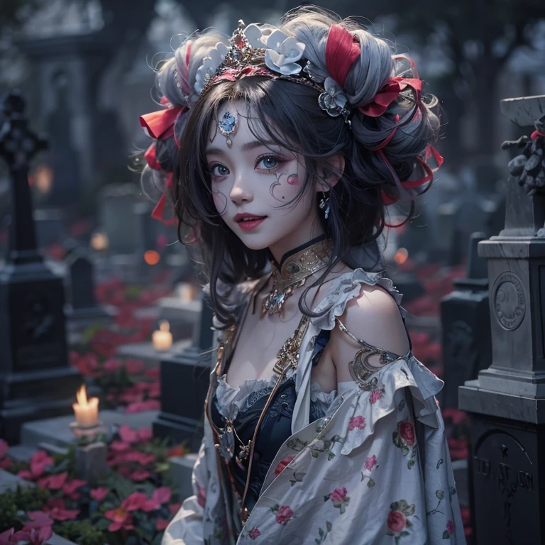 Standing in the grave、Hair flow、 ((highest quality、masterpiece、8k、Best image quality、Ultra-high resolution、Award-winning works)、(Accurate anatomy:1.1)、(Look at me and smile:1.1)、Shining fair skin with Ultra-high resolution、The most detailed face、Ultra-high resolution detailed face、Ultra-high resolutionの髪の毛、(Ultra-high resolution eye:1.1)、Beautiful face drawn in every detail、Cheerful clown costume, Chest to chest, Strange atmosphere, Ghosts flow, Dark Light, At the Cemetery, Dark makeup