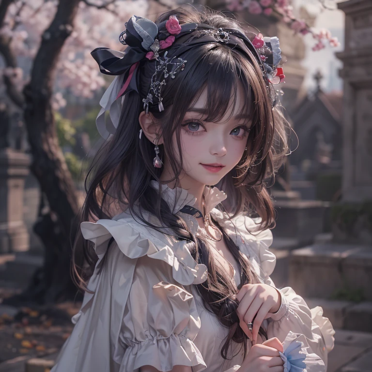 Standing in the grave、Hair flow、 ((highest quality、masterpiece、8k、Best image quality、Ultra-high resolution、Award-winning works)、(Accurate anatomy:1.1)、(Look at me and smile:1.1)、Shining fair skin with Ultra-high resolution、The most detailed face、Ultra-high resolution detailed face、Ultra-high resolutionの髪の毛、(Ultra-high resolution eye:1.1)、Beautiful face drawn in every detail、Cheerful clown costume, Chest to chest, Strange atmosphere, Ghosts flow, Dark Light, At the Cemetery, Dark makeup