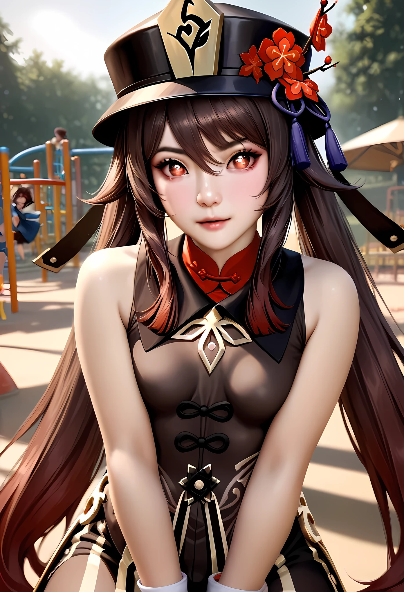 animetoreal,soft light, masterpiece, best quality,high quality,delicate face, realistic,photorealistic,1girl,,hu tao,hu_tao(genshin impact), long brown hair, red eyes, twin tails, small breasts, hat, Chinese clothing, white socks,in park