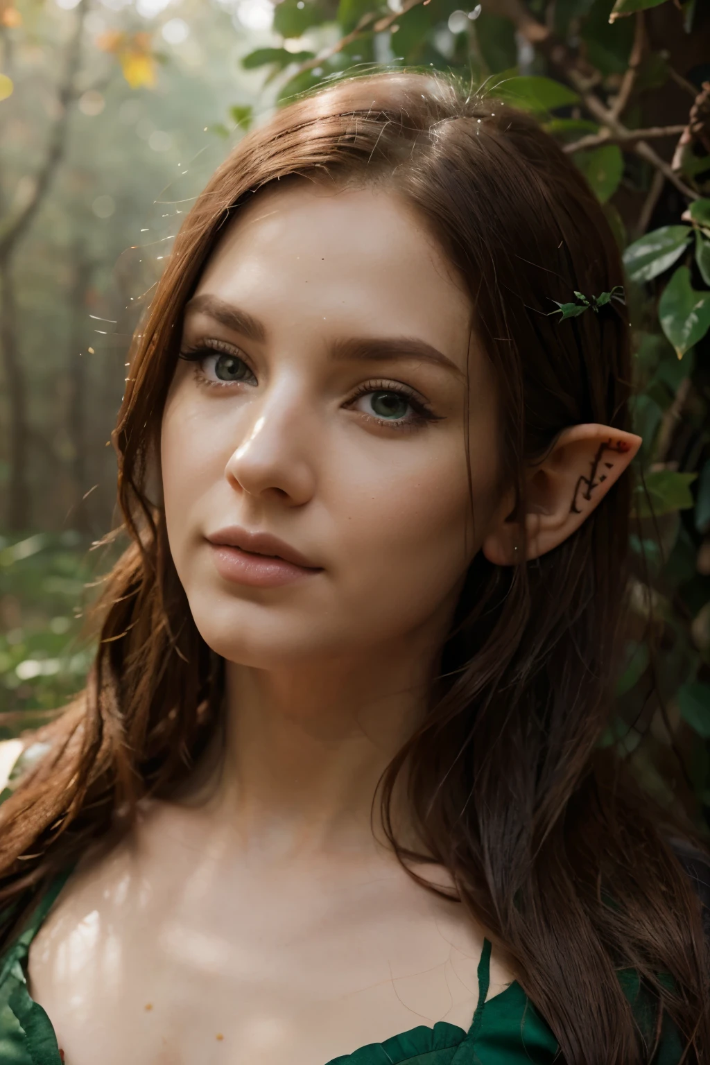 a beautiful older elf of about 40 years old with freckles, slender, attractive, buts large extra,with long wavy black hair, with green eyes, wearing a short black dress with red details in the shape of leaves, in the background of an enchanted forest