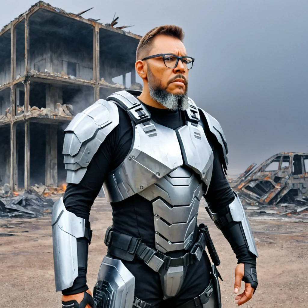 A gouache watercolor-style painting of a mid-body portrait of a man with glasses and a beard, featuring natural eyes. He is wearing a futuristic metal body armor and holding a futuristic weapon. He is standing face to face with his clone, who has the same features but without glasses. The setting is a post-apocalyptic landscape with ruins of buildings and abandoned cars. The sky is black with dark clouds and occasional lightning. A mist of dust fills the scene, creating a sense of desolation. The background is heavily blurred, with a somber and heavy lighting atmosphere. The painting captures the intricate details of both men's features and the futuristic armor in a soft watercolor style, blending colors smoothly and creating a textured, artistic effect.,gutto2024abr
