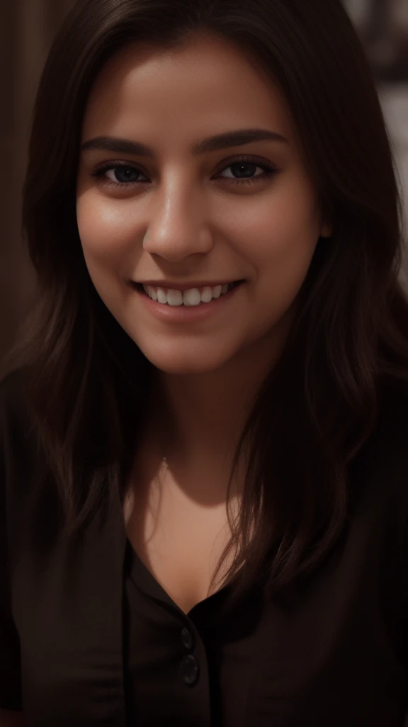 (with a black shirt: 1.2), (RAW photo, best quality), (realistic, photorealistic: 1.4), masterpiece, an extremely delicate and beautiful 2k wallpaper, extremely detailed, amazing, fine details, CG unit extremely detailed 8k wallpaper, ultra detailed, high resolution, soft light, beautiful detailed girl, extremely detailed eyes and face, beautiful detailed nose, beautiful detailed eyes, cinematic lighting, simple background, perfect anatomy, smile, full view