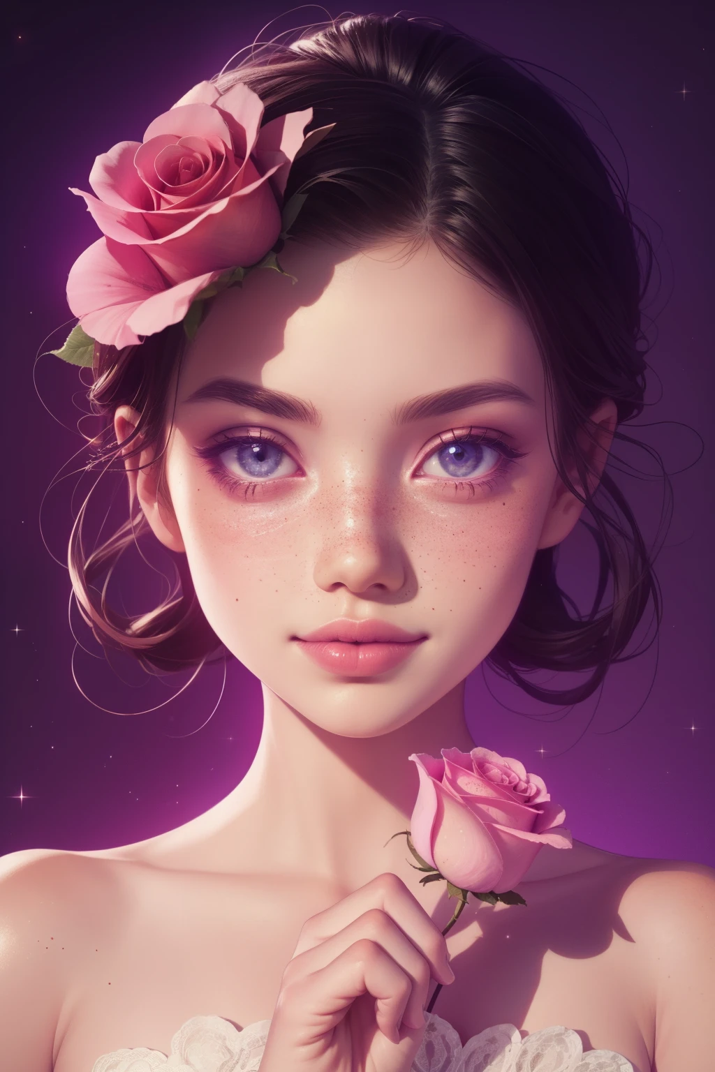 (This is a beautiful, intricate, elegant fantasy image that emphasizes beauty and grace.) Generate a blind curvy woman with milky eyes and soft natural freckles. Her face is important and should be (perfectly formed) with (beautiful puffy lips) and (perfect features). There is a cute freckle birthmark on her lip. The image exudes ethereal beauty and soft fantasy, with shimmering shades of pink throughout. Surround her with eternal roses in shimmering shades. Ensure perfection in her face, hair, and eyes. Include sweet and detailed birds and soft, luminous flowers and detailed roses. Utilize dynamic composition and dramatic lighting and cinematic lighting to create an interesting fantasy image. The background of the image is interesting and ultra-detailed, with soft fantasy lighting and gradients. Include fantasy details, cute aura, colorful, colourful, and interesting magical background. The image's background is decorated in shades of pink, shimmer, glitter, and fantasy details like colored bubbles and cosmos. Include subtle freckles, natural freckles and a diffused realistic skin tone. Incorporate elements of high fantasy, whimsy, and detailed elegance. English rose, princess, courtesan, noblewoman, sweet, lovely, calm, lovely, shimmering, glimmering, glittering, astrological fantasy, (((masterpiece))), (highest quality), magic rose, fantasy garden, beautiful face, perfect face, puffy lips, interesting, shy smile, fantasy elements, magic rose, beautiful eyes, perfect puffy lips, jewel tones, luminosity. Taken with a canon camera.