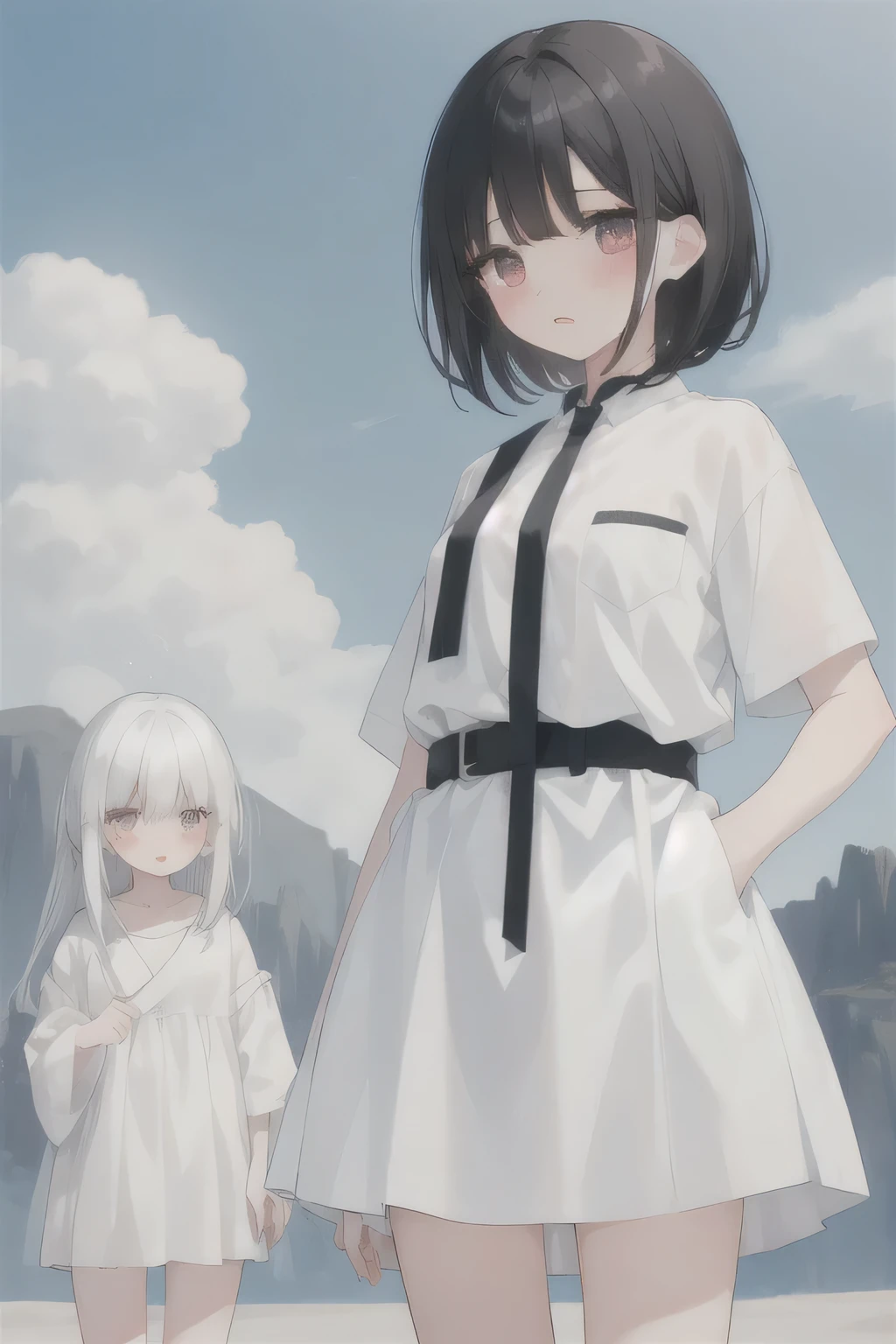 2 girls，Girl 1：Lovely，Black hair，short black hair，White，White dress，girl 2：Lovely，White hair，Long gray hair，White，White dress，Embrace，Background Desert，shy，blush，One girl stands in front and the other girl stands in the back