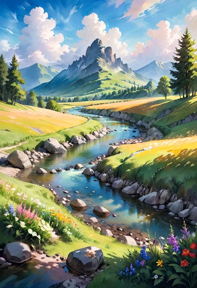 Watercolor Landscape, a scenic watercolor landscape, lush green hills and mountains, flowing river with rocks, colorful wildflowers, sunlit sky with fluffy clouds, peaceful countryside scene, soft blended colors, impressionist style, natural lighting, vibrant hues, dynamic composition, serene atmosphere, beautiful vista, (best quality,4k,8k,highres,masterpiece:1.2),ultra-detailed,(realistic,photorealistic,photo-realistic:1.37), traditional media,watercolor \(medium\),pencil \(medium\),paper \(medium\),painting \(medium\),