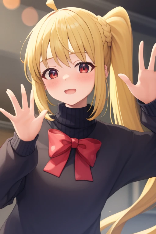 (masterpiece, highest quality:1.2), Blonde girl with red eyes,
 Side Ponytail, Full Bang,sweater,	waving gesture
,Embarrassed, School, 
Super detaileded, highest quality, Expressive eyes, Perfect Face, super high quality, Super detailed