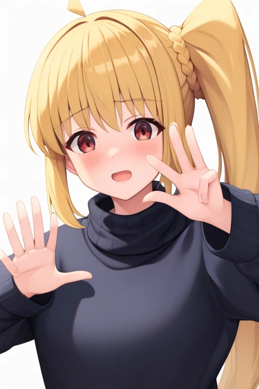 (masterpiece, highest quality:1.2), Blonde girl with red eyes,
Side Ponytail, Full Bang,sweater, waving gesture
,Embarrassed, School,
Super detaileded, highest quality, Expressive eyes, Perfect Face, super high quality, Super detailed
