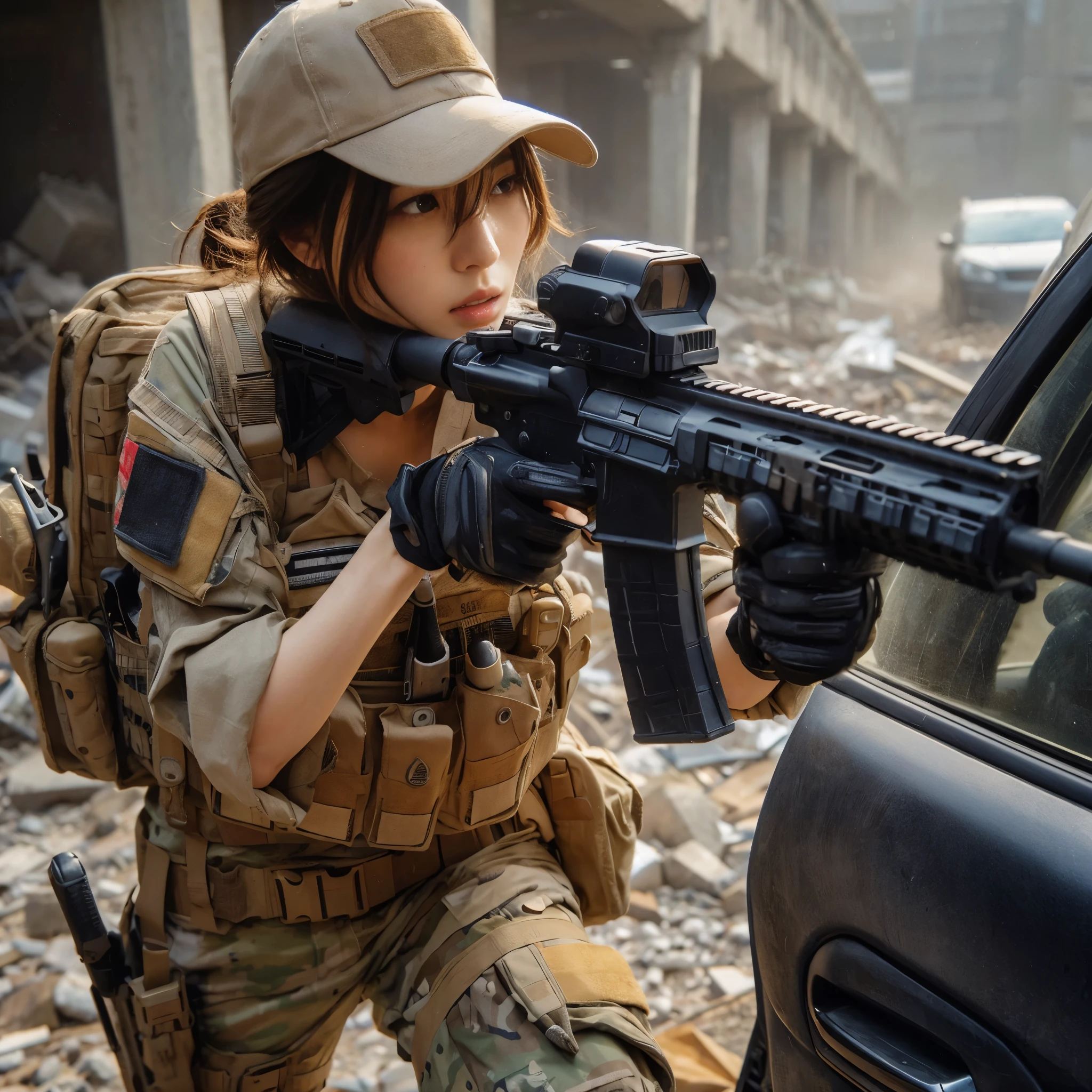 ８ｋ,Realistic Skin Texture、Superrealism、Realistic Photo、Japanese Women in the U.S. Army、Bulletproof vest、Automatic rifle、backpack、cap、Heavy equipment、Hide behind a car、Waiting for a chance to counterattack、anger、Scattered rubble、Dynamic action pose