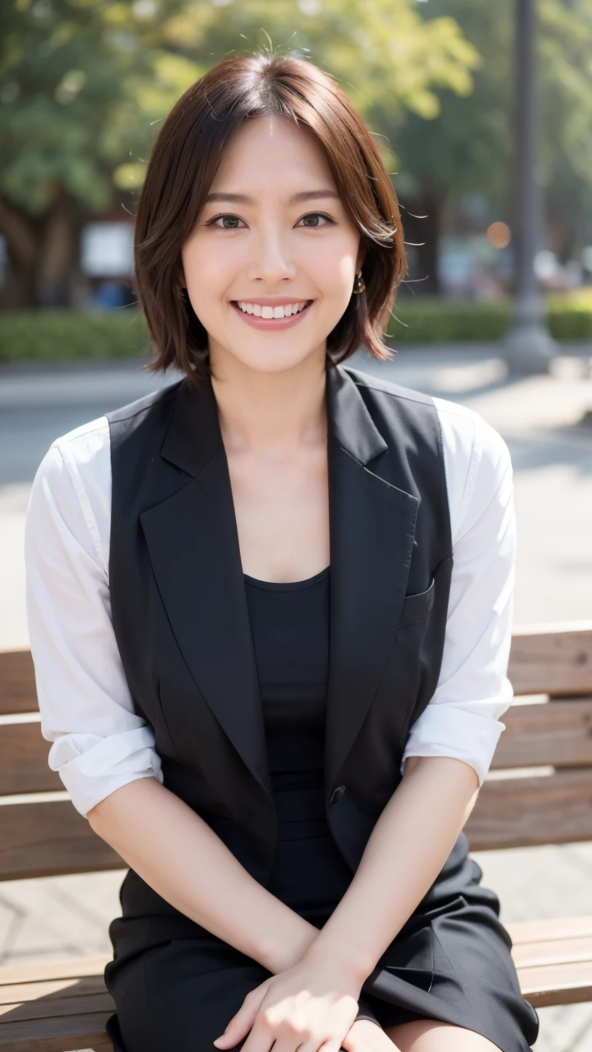 最high quality, In 8K, Masseter region, Vibrant, Sharp focus, high quality, High resolution, Detailed face, fine grain, Thick lips, (Looking at the audience), alone, Beautiful woman, 38 years old, Japanese women, （Short black hair:1.4）、（Bob Hair:1.4）, Cleavage, Lunch break、Large city park、Green Grass、In front of a big fountain、（sitting on a park bench:1.3）、（whole body写真:1）、whole body,（office uniform:1.5）,（office vest：1.5）,office,Micro Mini Skirt、（Black pumps:1.5）、（Red lipstick:1）、（smile:1.3）、（Standard body type）、（D cup breasts）
