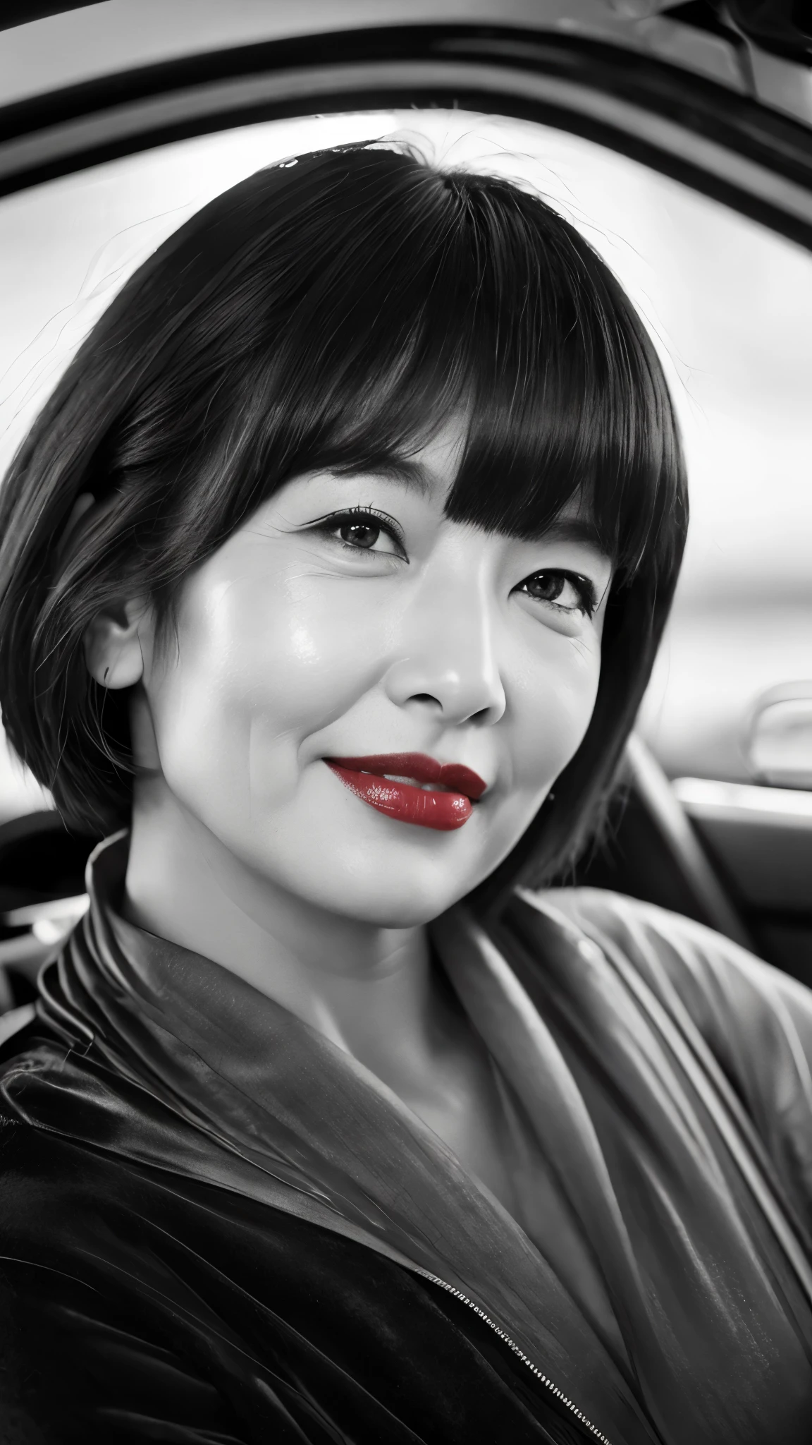 ((highest quality)), ((8K)), ((masterpiece: 1.3)), (Perfect appearance), (Photorealism: 1.6), (monochrome: 1.4), (Japanese Matureの肖像画), (60 years old, Japanese Mature), ((Realistic skin texture)), (Fine lines all over the skin), (Dull skin), (Facial wrinkles), (Wrinkles around the eyes), double eyelid, Tear bags under the eyelids, Closed lips, Calm expression, (Short bangs: 1.2), (Short, smooth hair: 1.6), (Hair blown by the wind and messy: 1.4), BREAK(Red lips: 1.4),BREAK