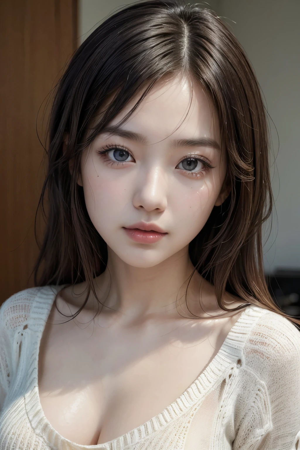 (masterpiece, highest quality, Realistic, High resolution, photograph, :1.3), Sharp focus, 1 Cute Japanese Girl, Hot Model, Highly detailed eyes and pupils, Realistic Skin, Slim figure, Neckline, Highly detailed hair, Delicate face, Sensual look, Bright lips, Natural Lip, ((sexy knit dress)), indoor, whole body,