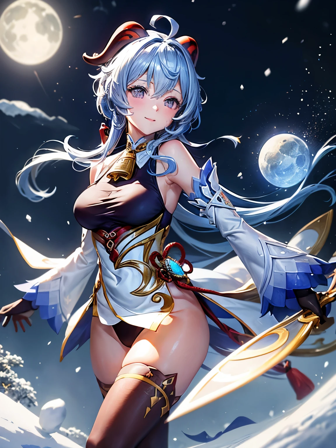 [ganyudef]:1.5,((masterpiece,highest quality,Detailed images,Beautiful images))1.4(1girl,solo)(Image of ganyu holding a bow、panty hose:1.2、smile、Snow Mountain、morning、Snowflakes drifting all around、Snowstorm、Blue glowing energy、Bright lighting overall、Backlight、A fantastic atmosphere、Thick Fog)1.1(Beautiful body lineedium beauty breasts、Beautiful side breasts)
